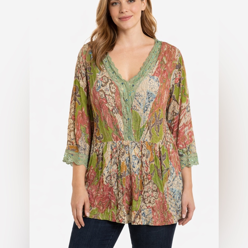 Ulla Popken Boho Patchwork Top Women’s Size 16/18 Crinkle Lace Sequin V-Neck